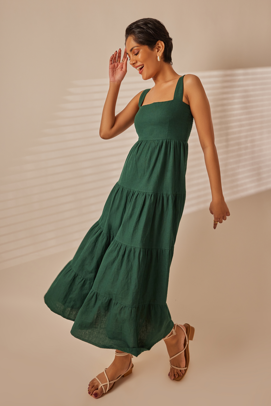 Tes Emerald Green Tiered Midi Dress