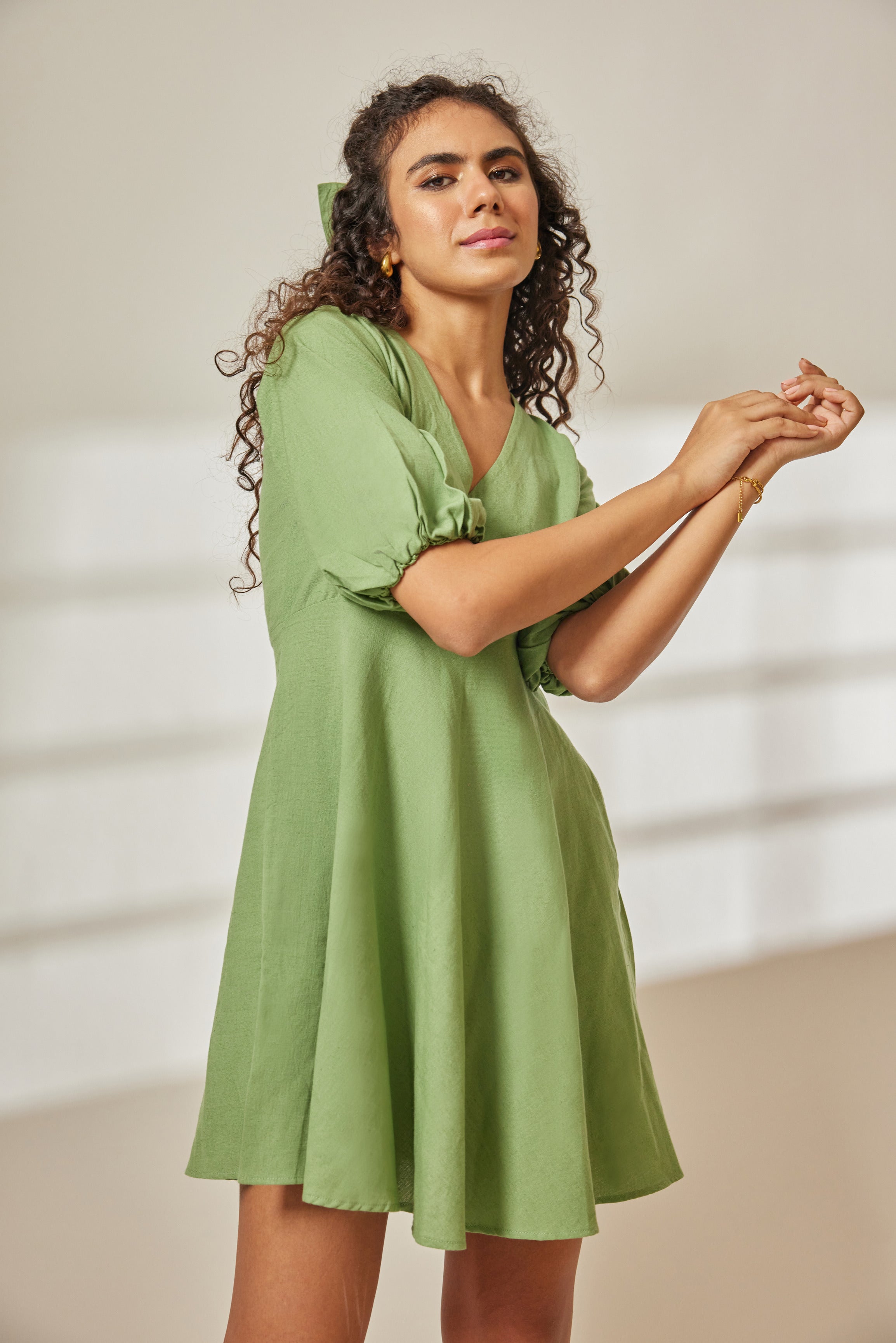 Esa Sage Green Puff Sleeve Dress